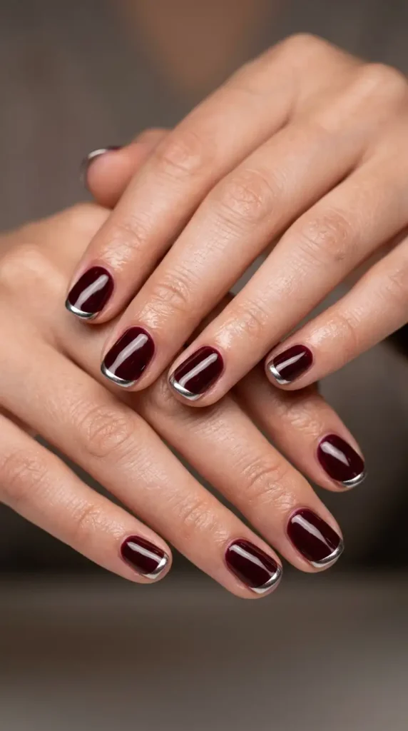 Dark Cherry Burgundy Nails with Chrome Tips
