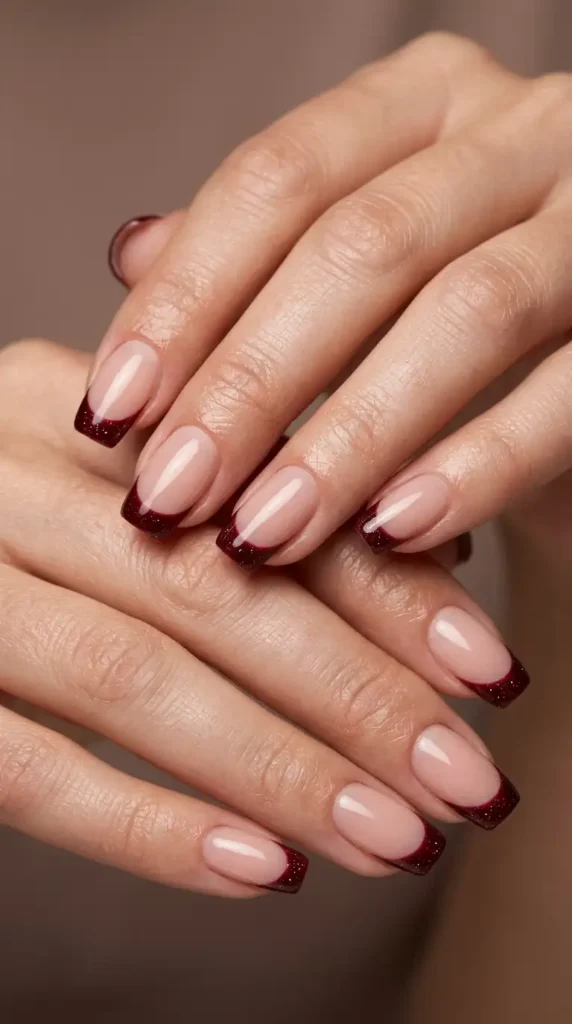 Dark Cherry French Tips with Micro Glitter