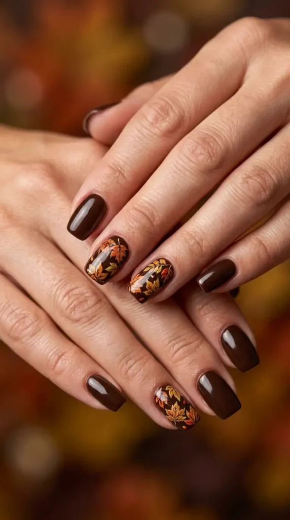 Dark Chocolate Nails with Leaf Accents