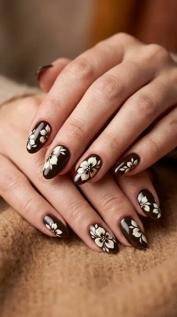 Dark Espresso Nails with Cream Blossoms