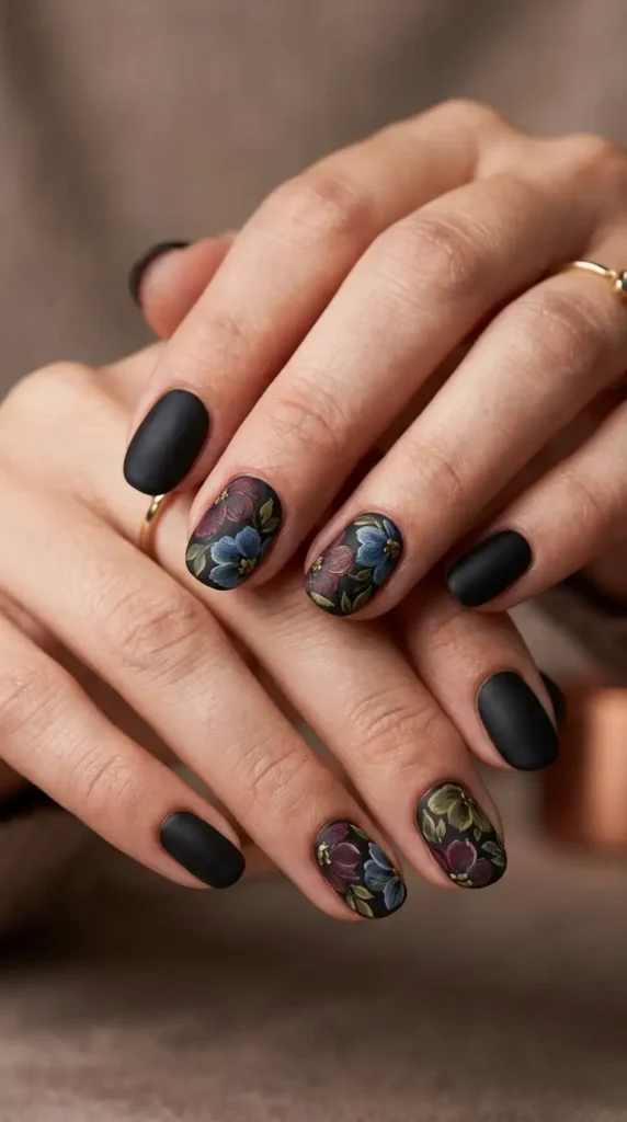 Dark Floral Accent Nails
