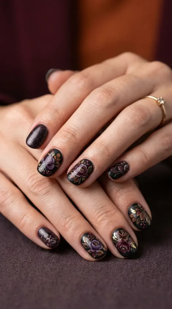 Dark Floral Fall Nails