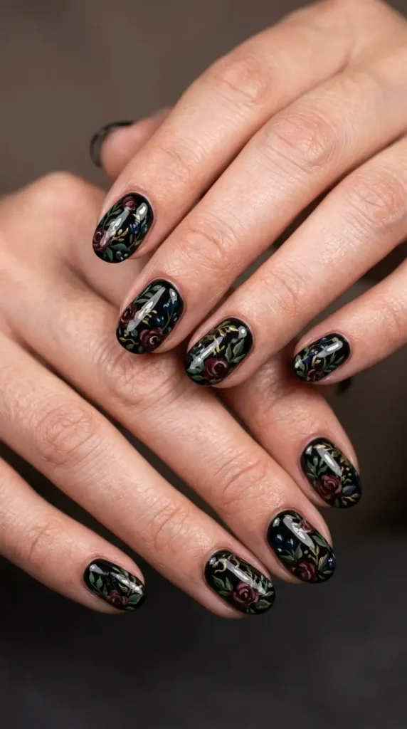 Dark Floral Gel Nails