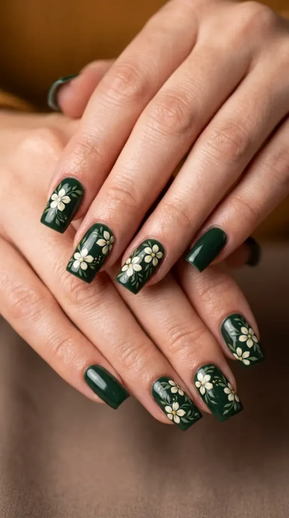 Dark Forest Green Floral Nails