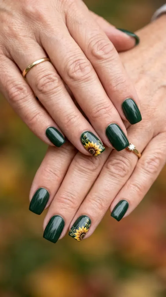 Dark Green Acrylic Nails with Sunflower Corner Art