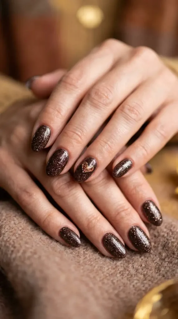 Dark Mocha Glitter Heart Accent Nails