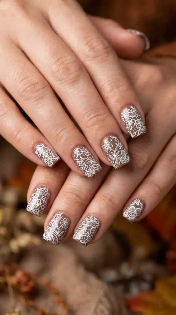 Dark Nude Nails with Floral Lace Patterns