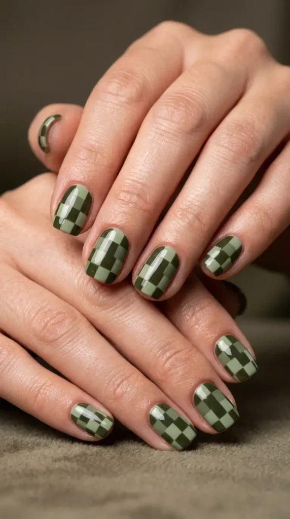 Dark Olive Checkerboard Nails