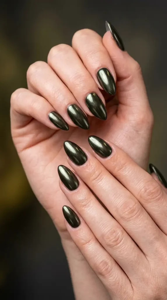 Dark Olive Chrome Nails