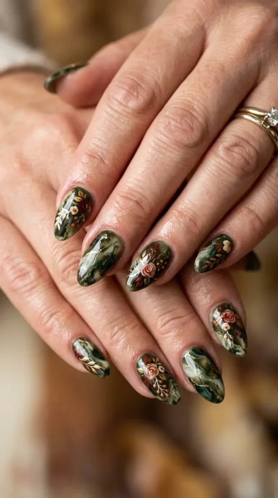 Dark Olive Floral Marble Nails