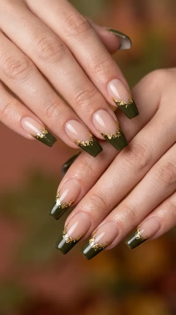 Dark Olive French Tips with Gold Leaf Details