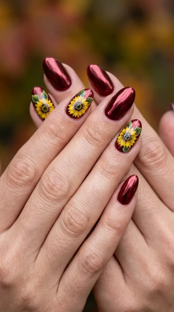 Dark Red Chrome Sunflower Nails