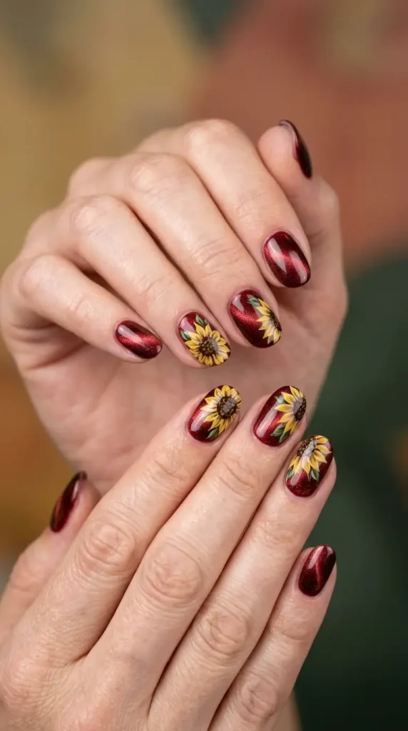 Dark Red Velvet Cat Eye with Sunflowers