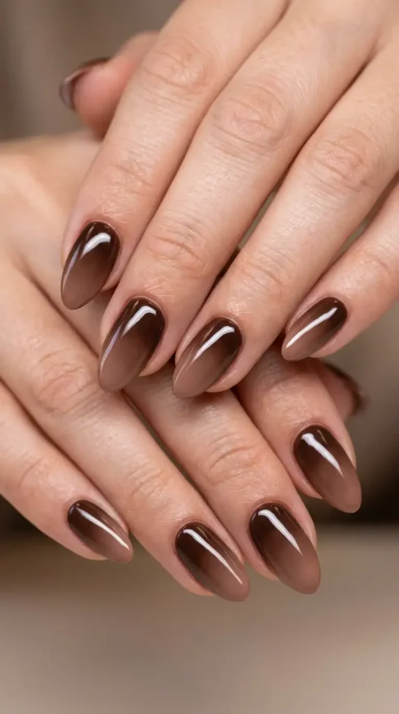 Deep Brown Ombre Fade Nails