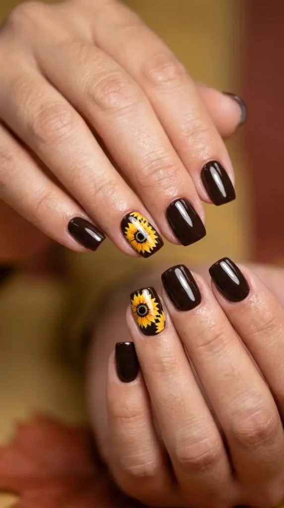 Deep Espresso Acrylic Nails with Sunflower Decals