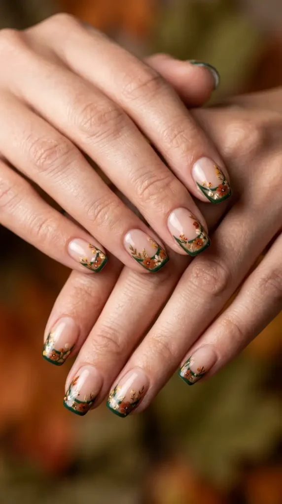 Deep Green Floral French Outline Nails
