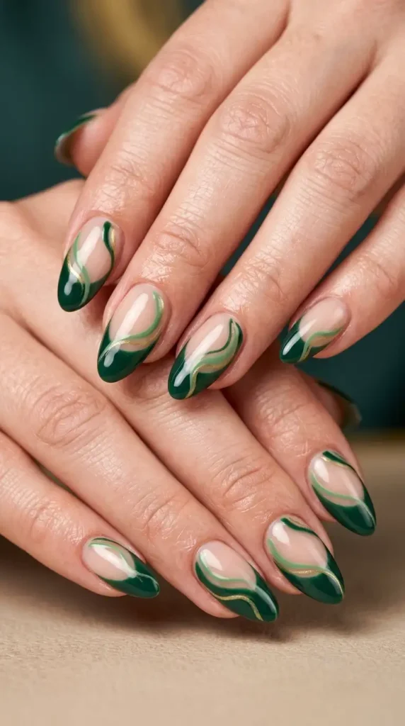 Deep Green French Tips with Abstract Waves