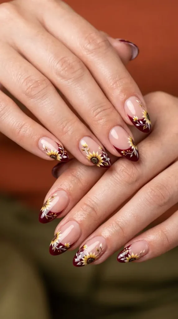 Deep Maroon Floral French Tips