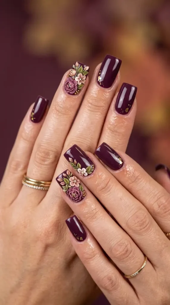 Deep Plum Nails with Floral Embellishments