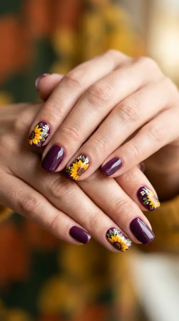 Deep Plum Sunflower Nails