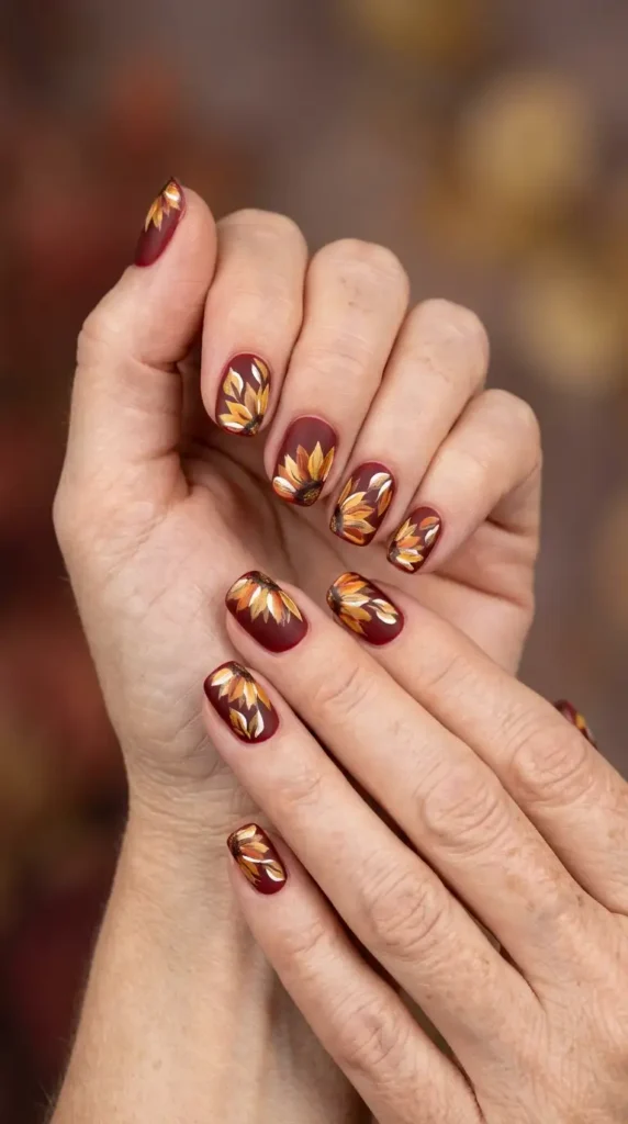Deep Red Abstract Floral Nails