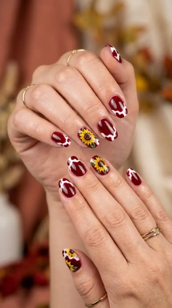 Deep Red Cow Print with Sunflowers