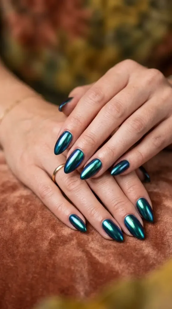 Deep Teal Chrome Nails