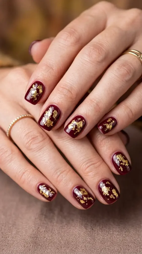 Deep Wine Gel Nails with Gold Foil
