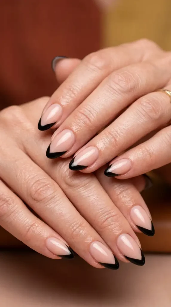 Diagonal Black French Tips on Nude Nails