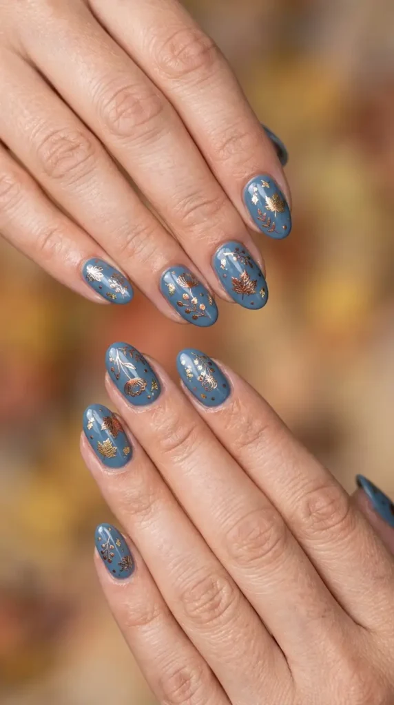 Dusty Blue Floral Fall Nails