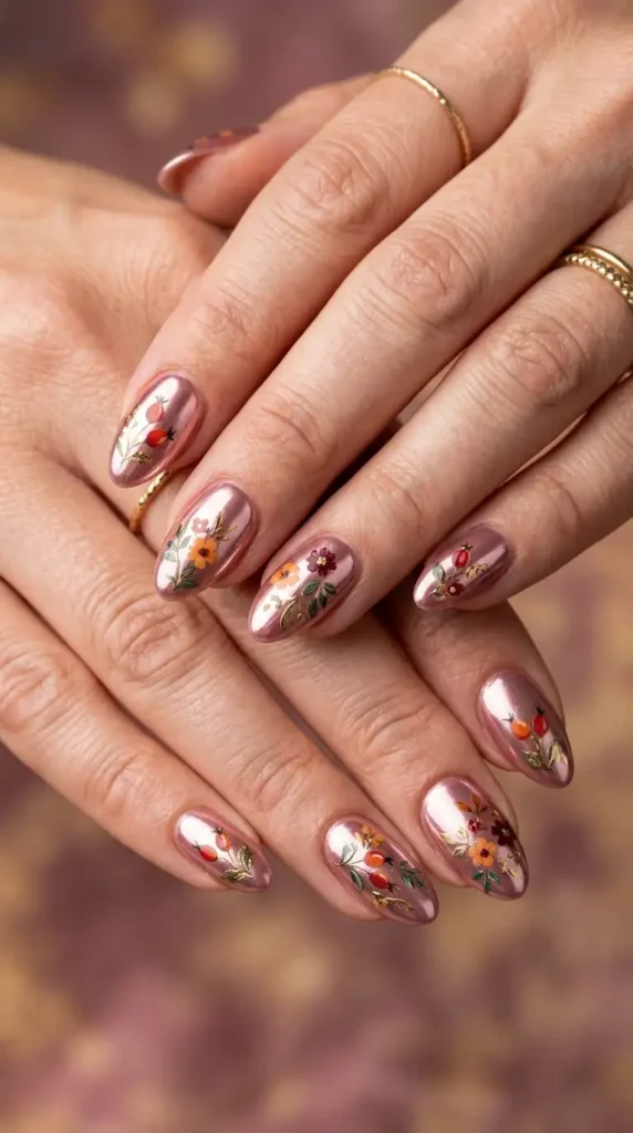 Dusty Rose Floral Chrome Nails