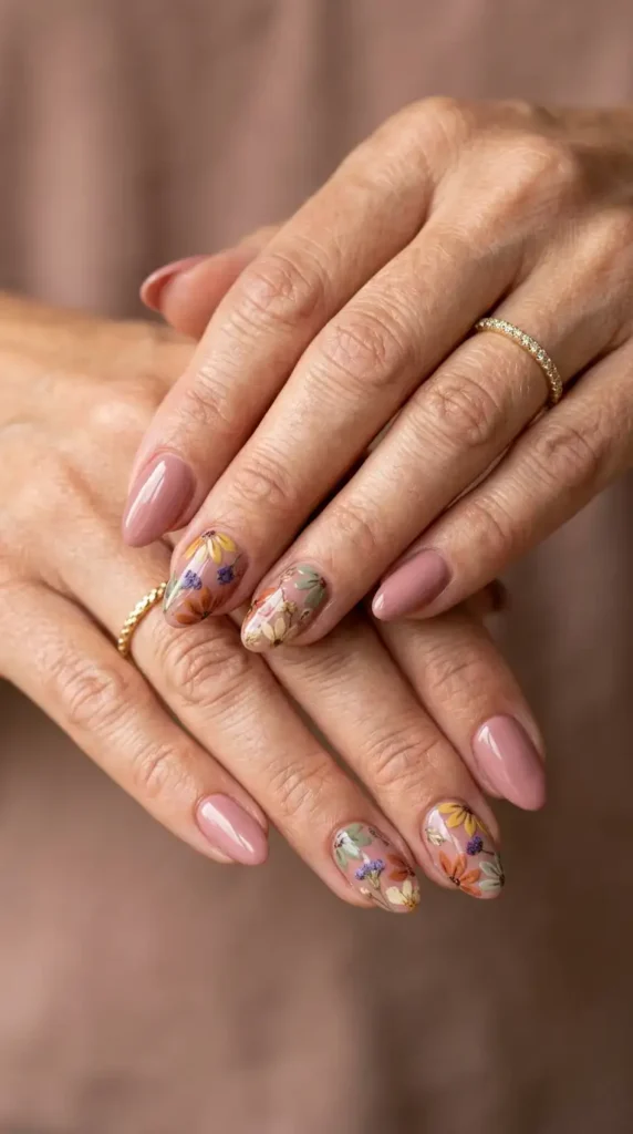 Dusty Rose Nails with Fall Meadow Flowers
