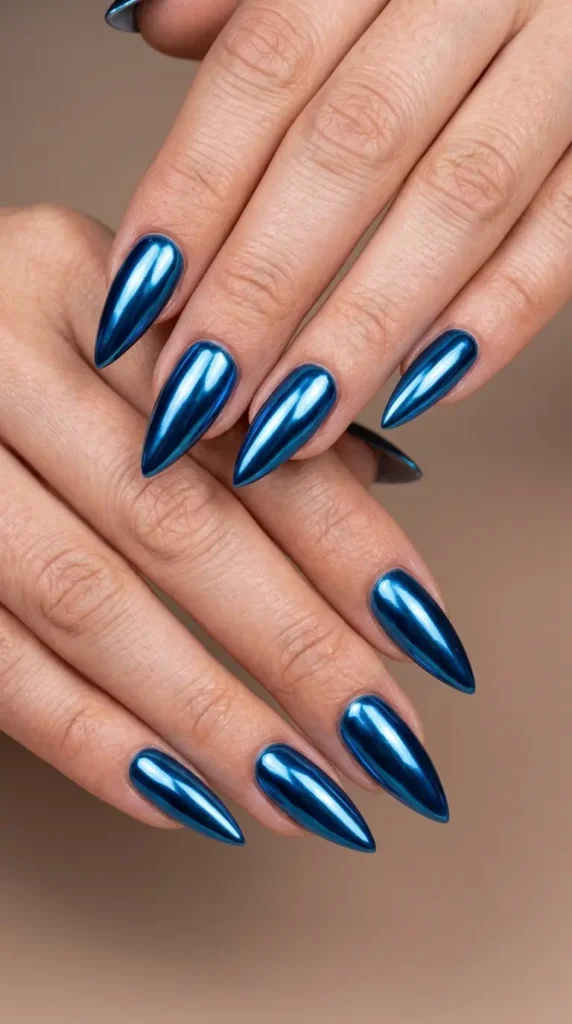 Electric Blue Chrome Stiletto Nails