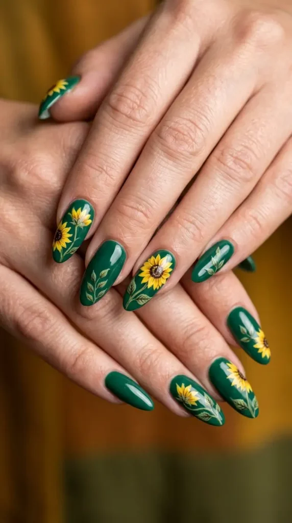 Emerald Green Acrylic Nails with Botanical Sunflowers