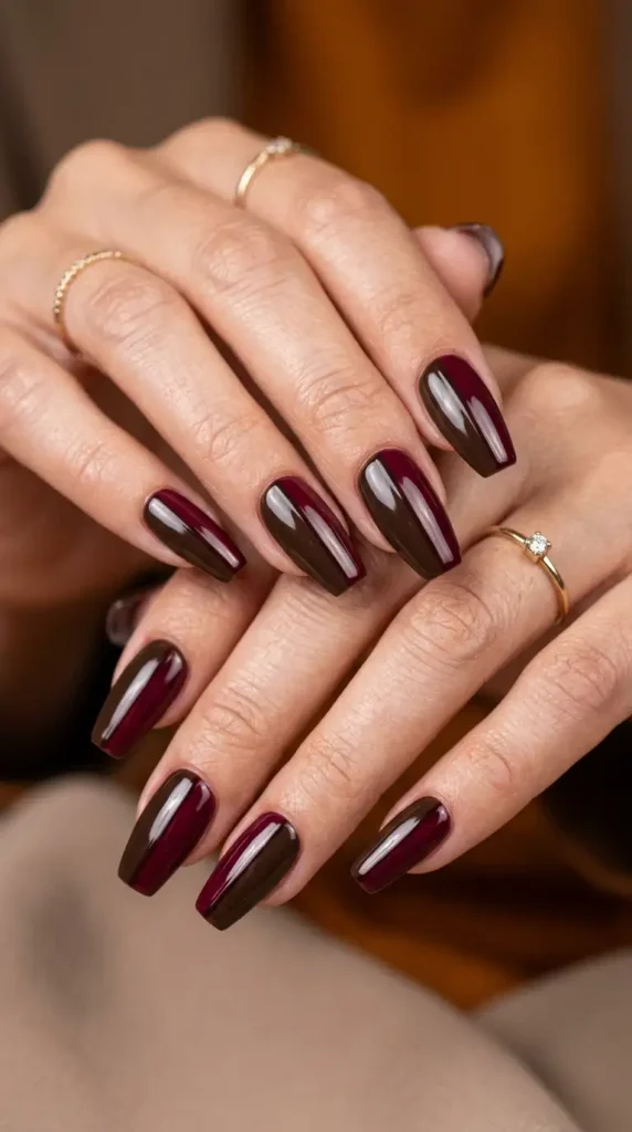 Espresso and Burgundy Color Block Nails