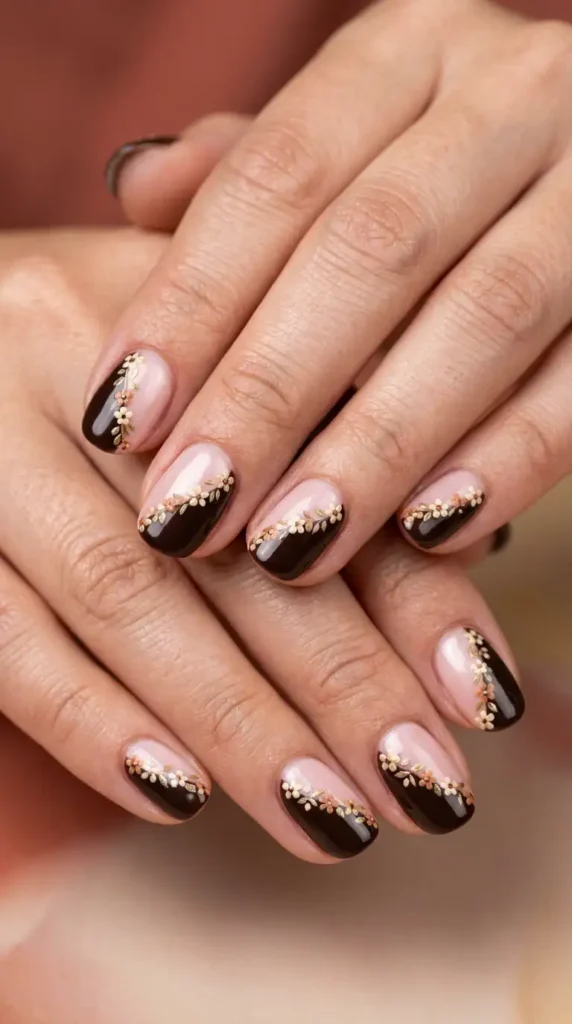 Espresso & Blush Floral Color Block Nails