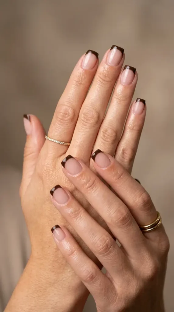 Espresso Brown French Tips on Short Square Nails