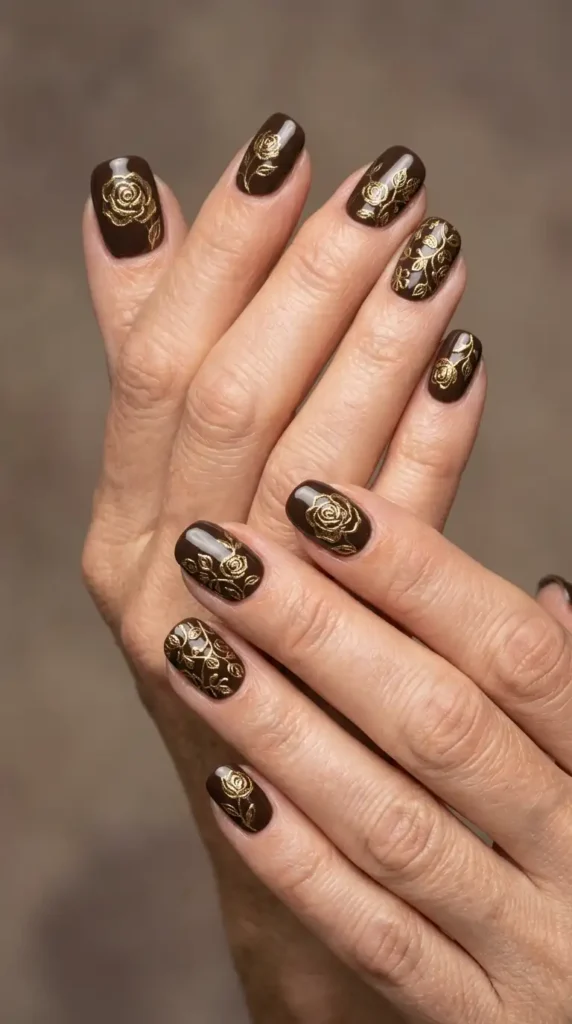 Espresso Brown Nails with Gold Floral Outlines