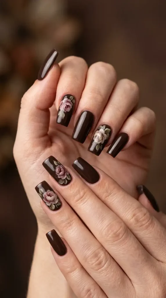 Espresso Brown Nails with Vintage Roses