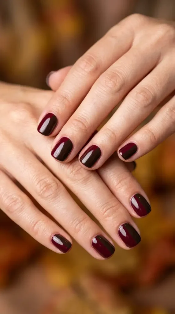 Espresso & Burgundy Color Block Nails