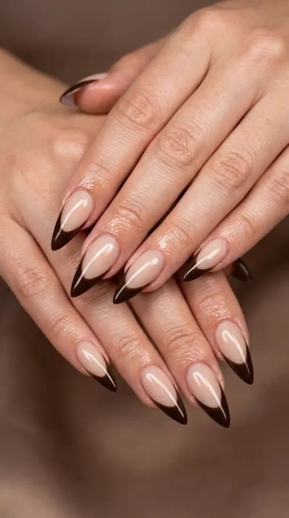 Espresso French Tip Stiletto Nails