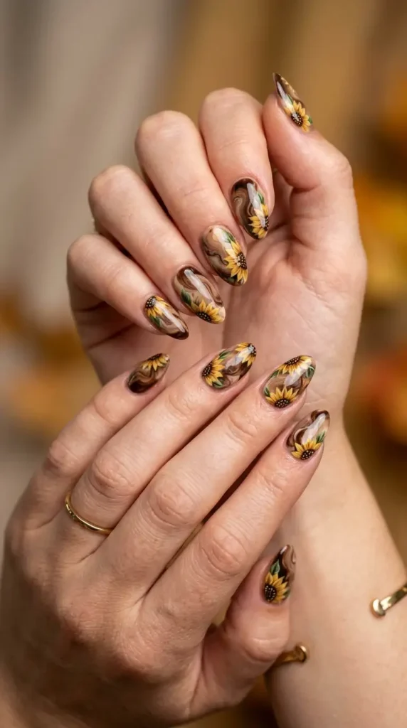 Espresso Marble & Sunflower Nails