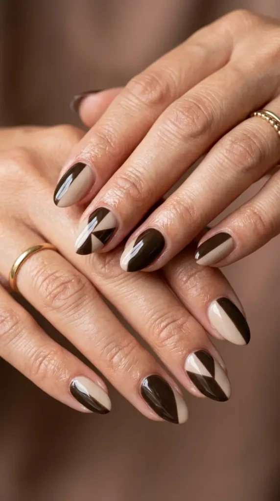 Espresso & Nude Color Block Nails