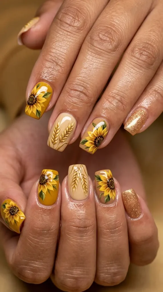 Fall Harvest Acrylic Nails with Wheat and Sunflowers