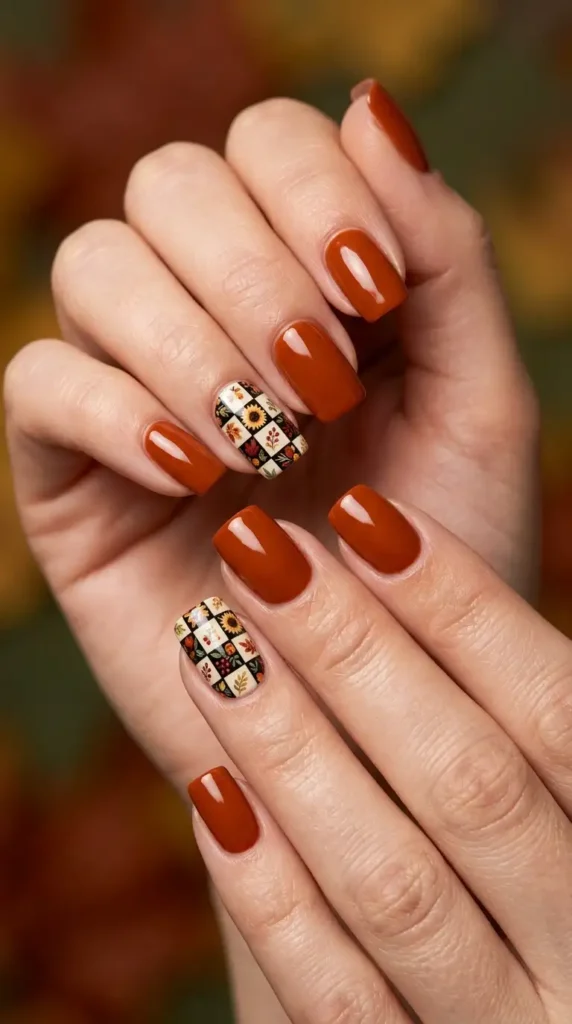 Floral Checkerboard Accent Nails