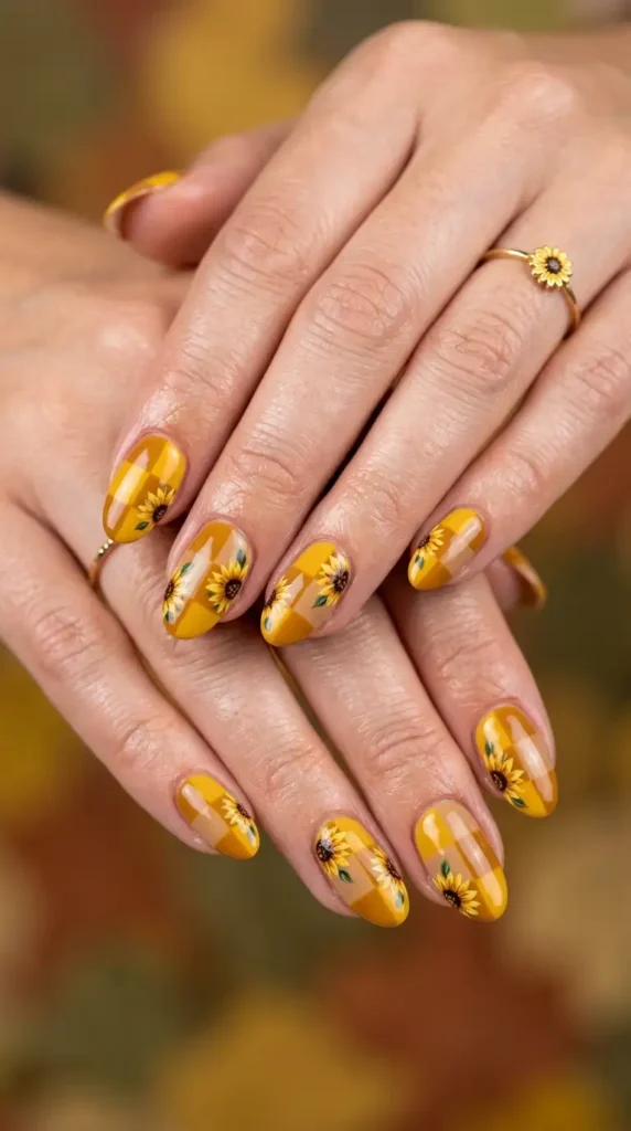 Floral Checkerboard Fall Nails