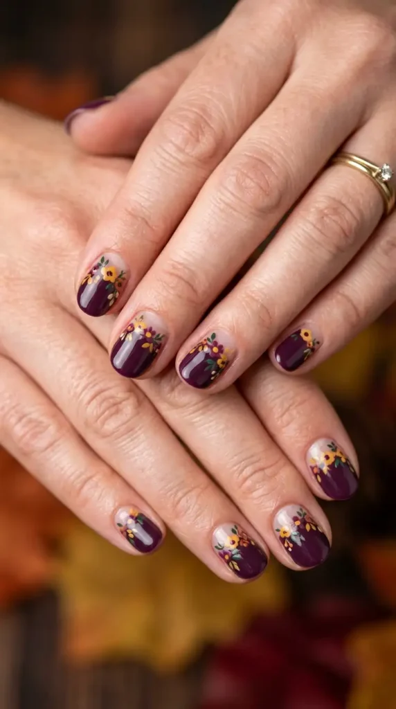 Floral Half-Moon Manicure in Fall Shades