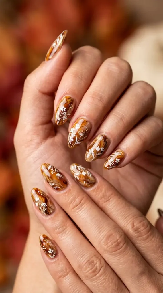 Floral Marble Fall Nail Design