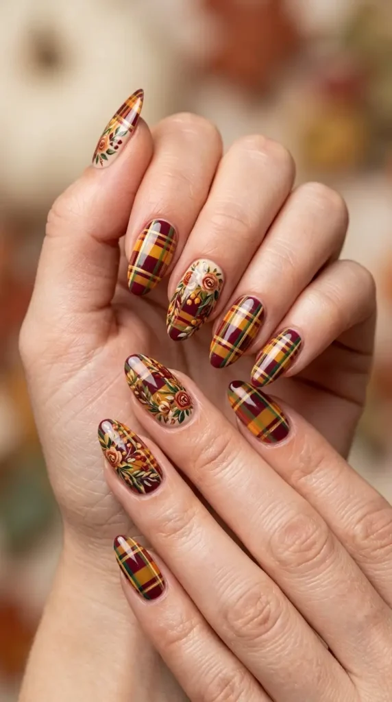Floral Plaid Accent Nail Design