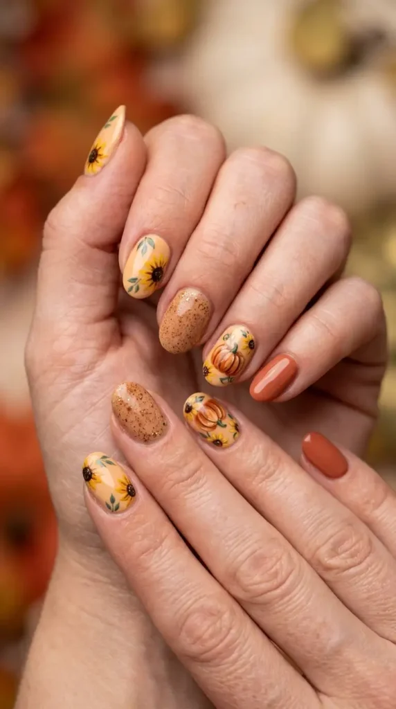 Floral Pumpkin Spice Nails